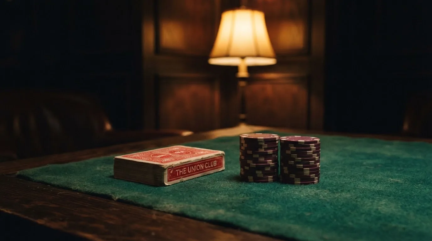 Kortlek och staplar av spelmarker på ett grönt filtbord i en dunkel salong, varmt lampsken — 10 euro casino i sverige