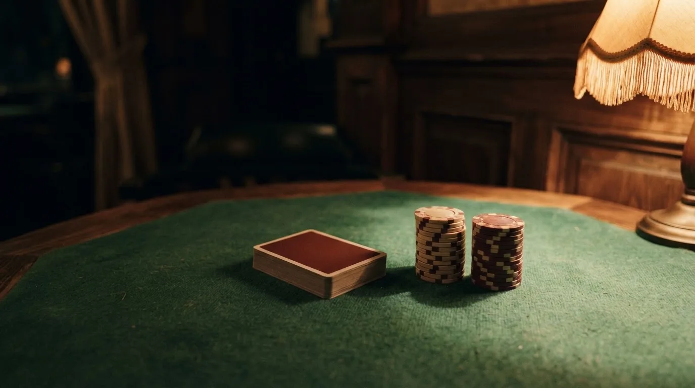 Kortlek och staplar av spelmarker på ett grönt filtbord i en dunkel salong, varmt lampsken — 10 free spins casino i sverige