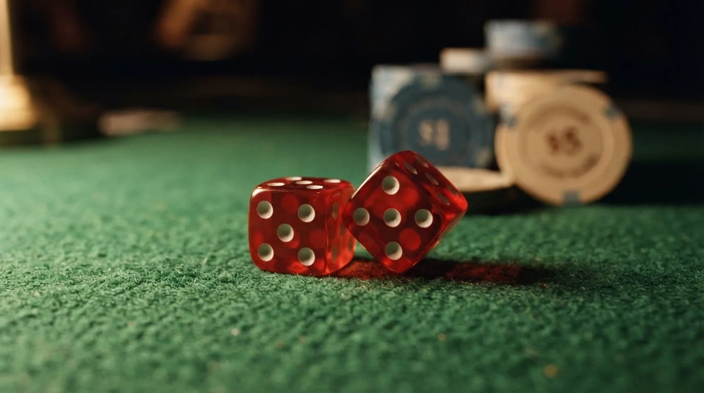 Röda tärningar vilar på grönt filt, bakom dem suddiga torn av spelmarker i kvällsdunklet — 10 kr casino i sverige