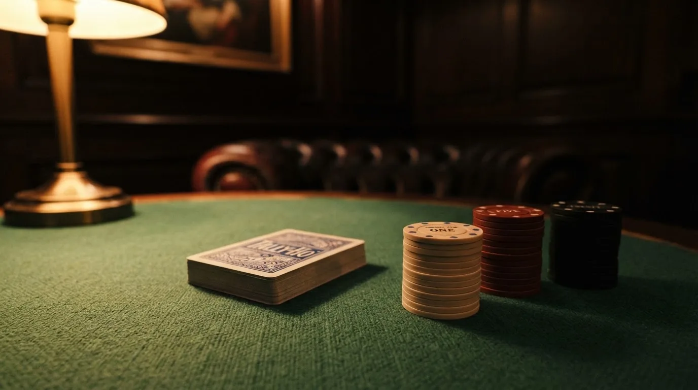 Kortlek och staplar av spelmarker på ett grönt filtbord i en dunkel salong, varmt lampsken — 150 free spins casino i sverige
