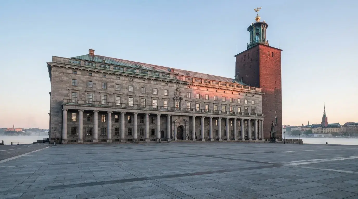 Stenfasad på en statlig byggnad i Stockholm vid gryning, höga pelare och ett tomt torg framför — 150 free spins casino i sverige