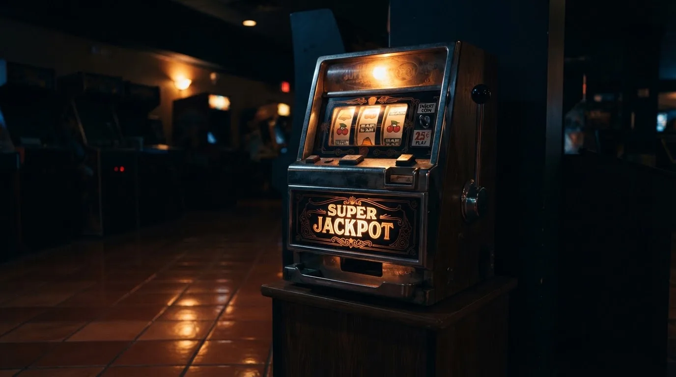 En gammal spelautomat lyser i den dunkla hallen och speglar sig i golvet — bästa kasino i sverige