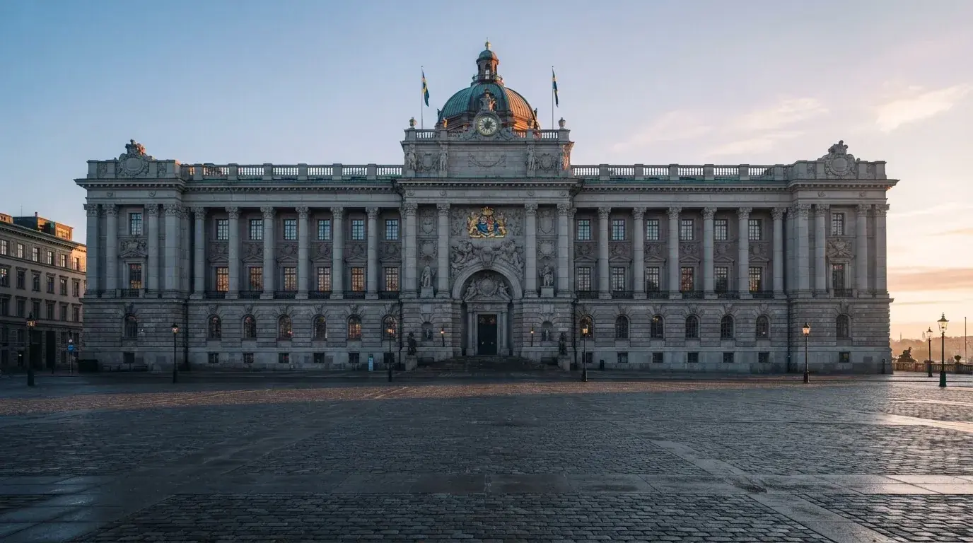 Stenfasad på en statlig byggnad i Stockholm vid gryning, höga pelare och ett tomt torg framför — bästa kasino i sverige