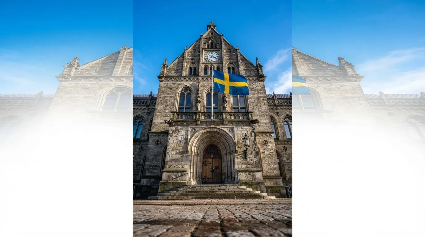 Ett gammalt stadshus i sten fotograferat underifrån mot en klarblå himmel, med den svenska flaggan som fladdrar ovanför entrén.