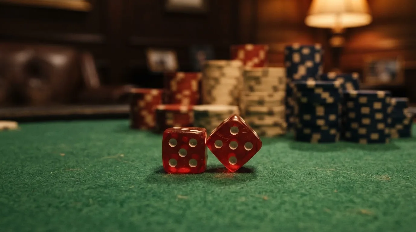 Röda tärningar vilar på grönt filt, bakom dem suddiga torn av spelmarker i kvällsdunklet — blackjack gratis i sverige