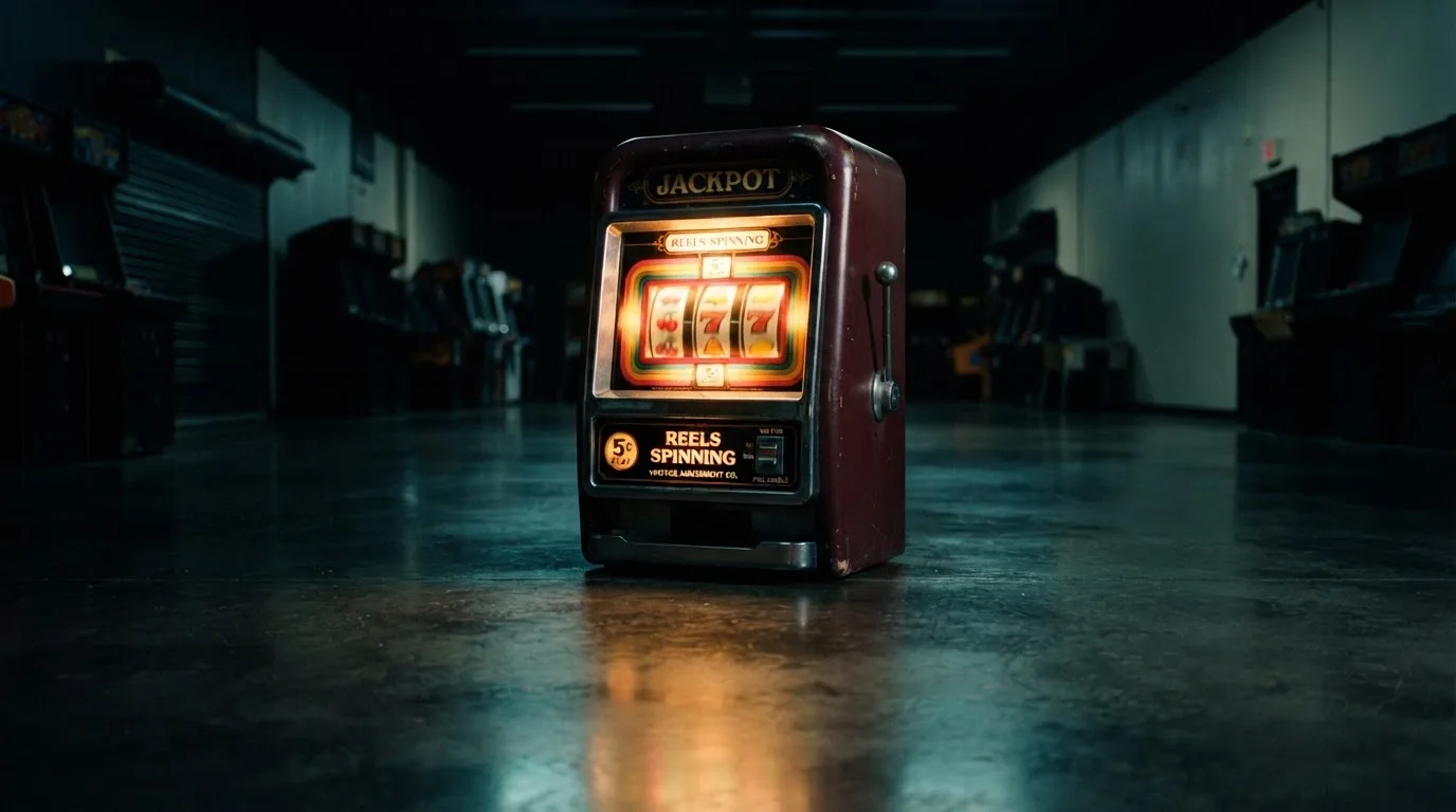 En gammal spelautomat lyser i den dunkla hallen och speglar sig i golvet — blackjack på nätet i sverige