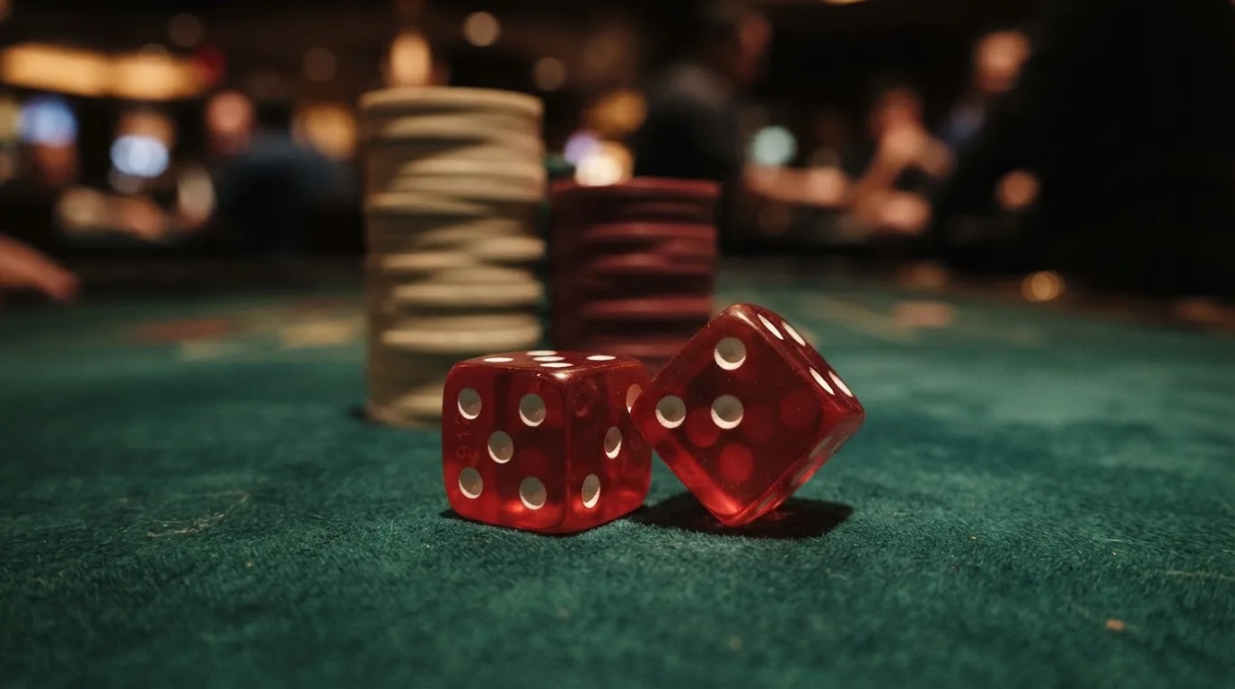 Röda tärningar vilar på grönt filt, bakom dem suddiga torn av spelmarker i kvällsdunklet — bra svenska casinon