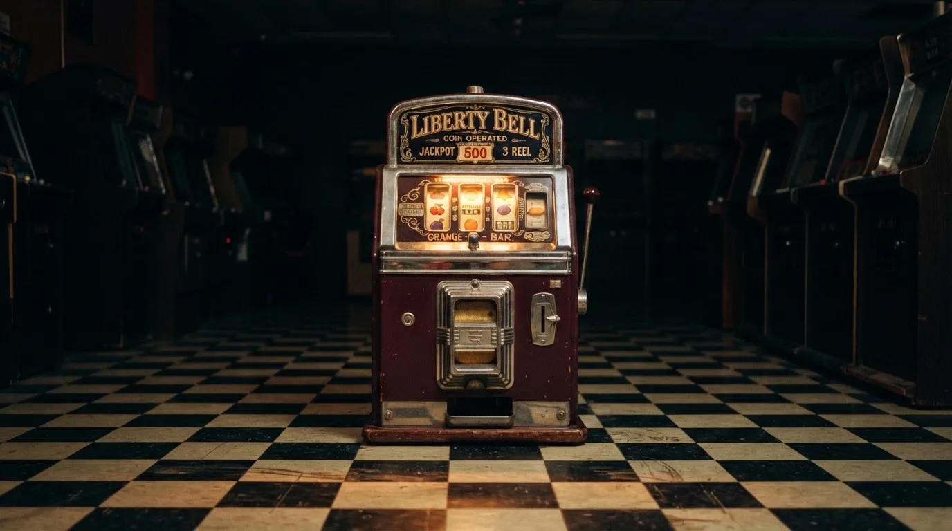 En gammal spelautomat lyser i den dunkla hallen och speglar sig i golvet — casinon med bankid i sverige