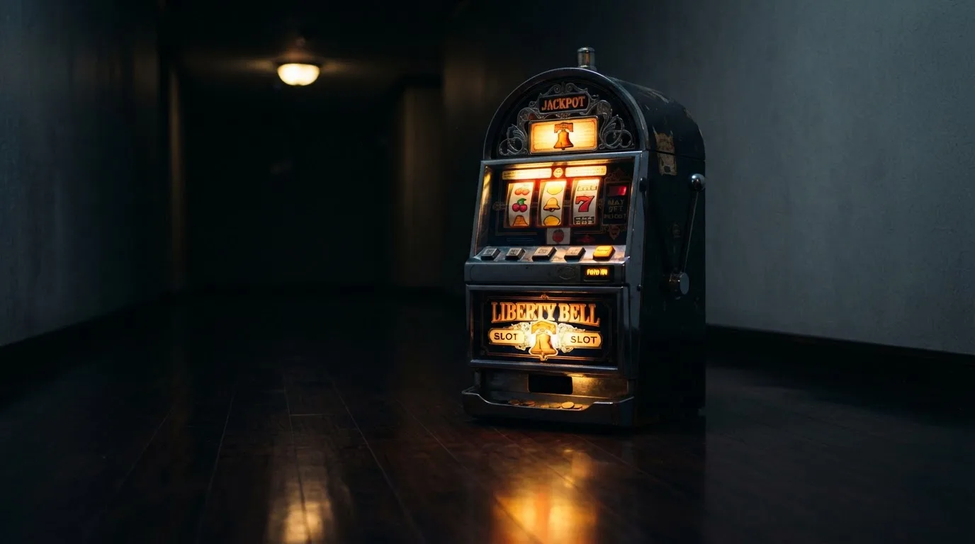 En gammal spelautomat lyser i den dunkla hallen och speglar sig i golvet — casinon med curaçao licens