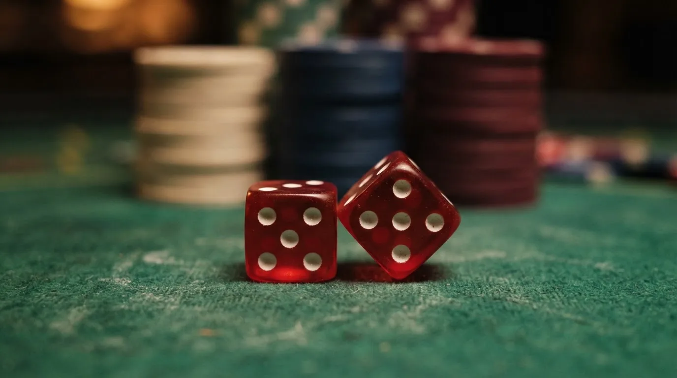 Röda tärningar vilar på grönt filt, bakom dem suddiga torn av spelmarker i kvällsdunklet — casinon med jackpot i sverige