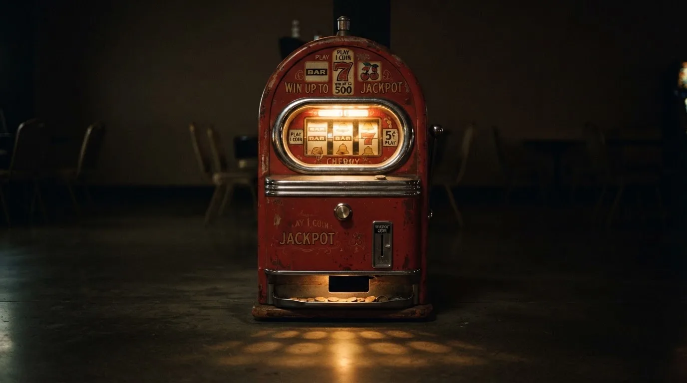En gammal spelautomat lyser i den dunkla hallen och speglar sig i golvet — casinon med slots i sverige