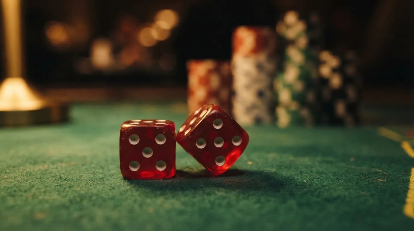 Röda tärningar vilar på grönt filt, bakom dem suddiga torn av spelmarker i kvällsdunklet — casinon med uttag i sverige