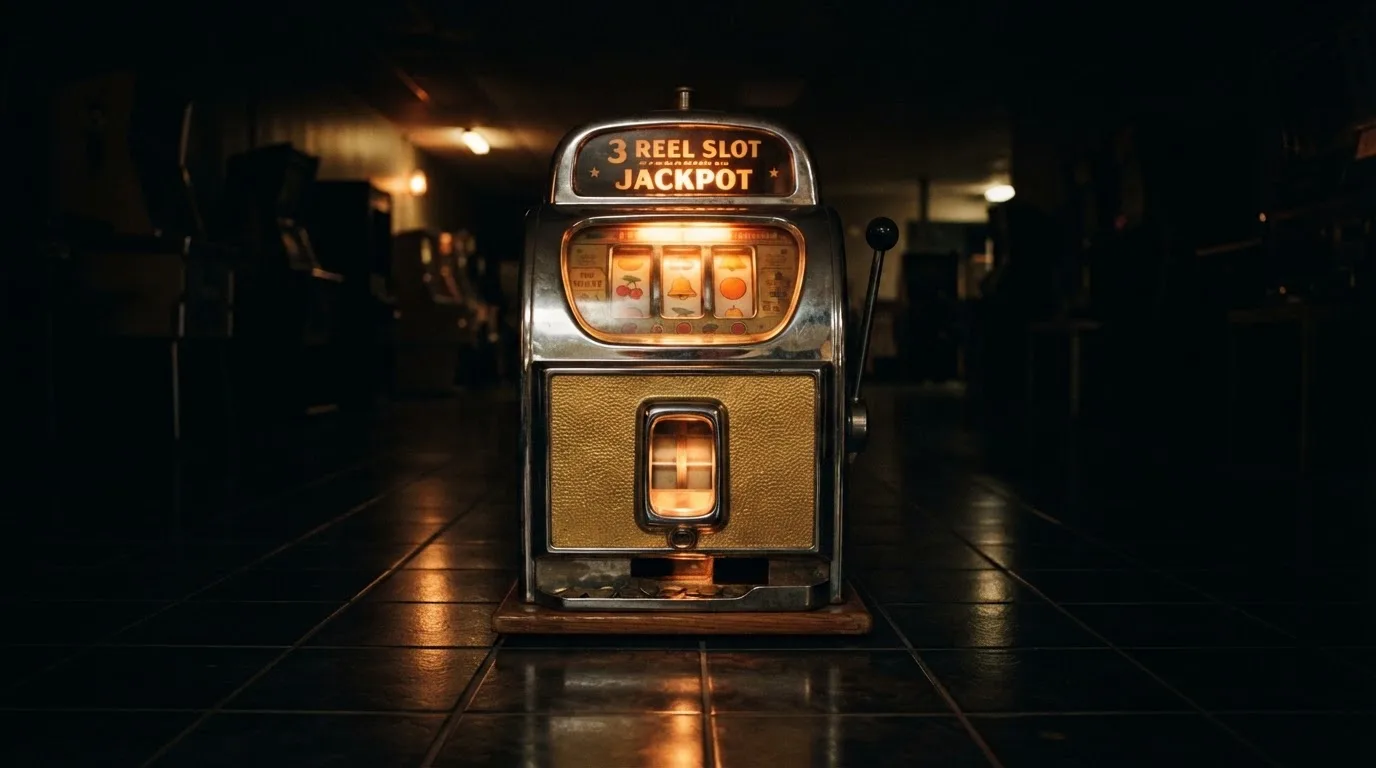 En gammal spelautomat lyser i den dunkla hallen och speglar sig i golvet — casinon utan bankid i sverige