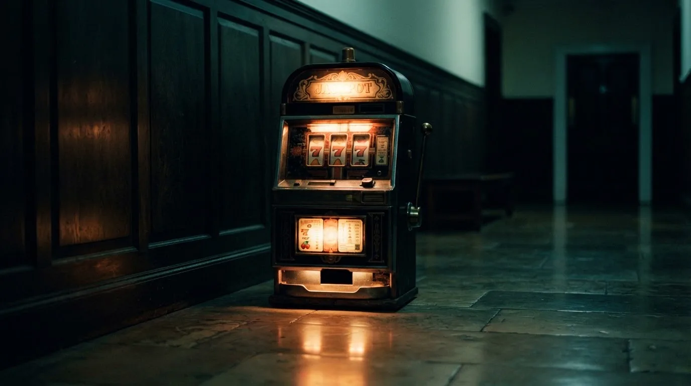 En gammal spelautomat lyser i den dunkla hallen och speglar sig i golvet — casinon utan spelgräns i sverige