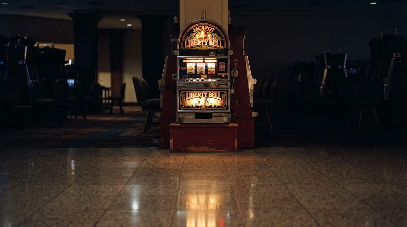 En gammal spelautomat lyser i den dunkla hallen och speglar sig i golvet — svenska casinon med bitcoin