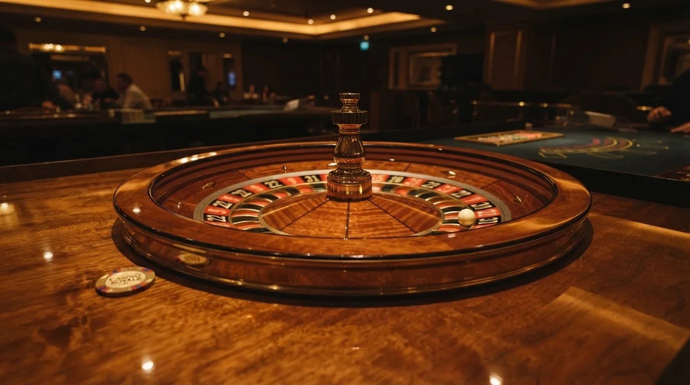 Ett roulettehjul snurrar på ett blankt träbord, den vita kulan glimmar i takljusets guld — svenska casinon med dogecoin