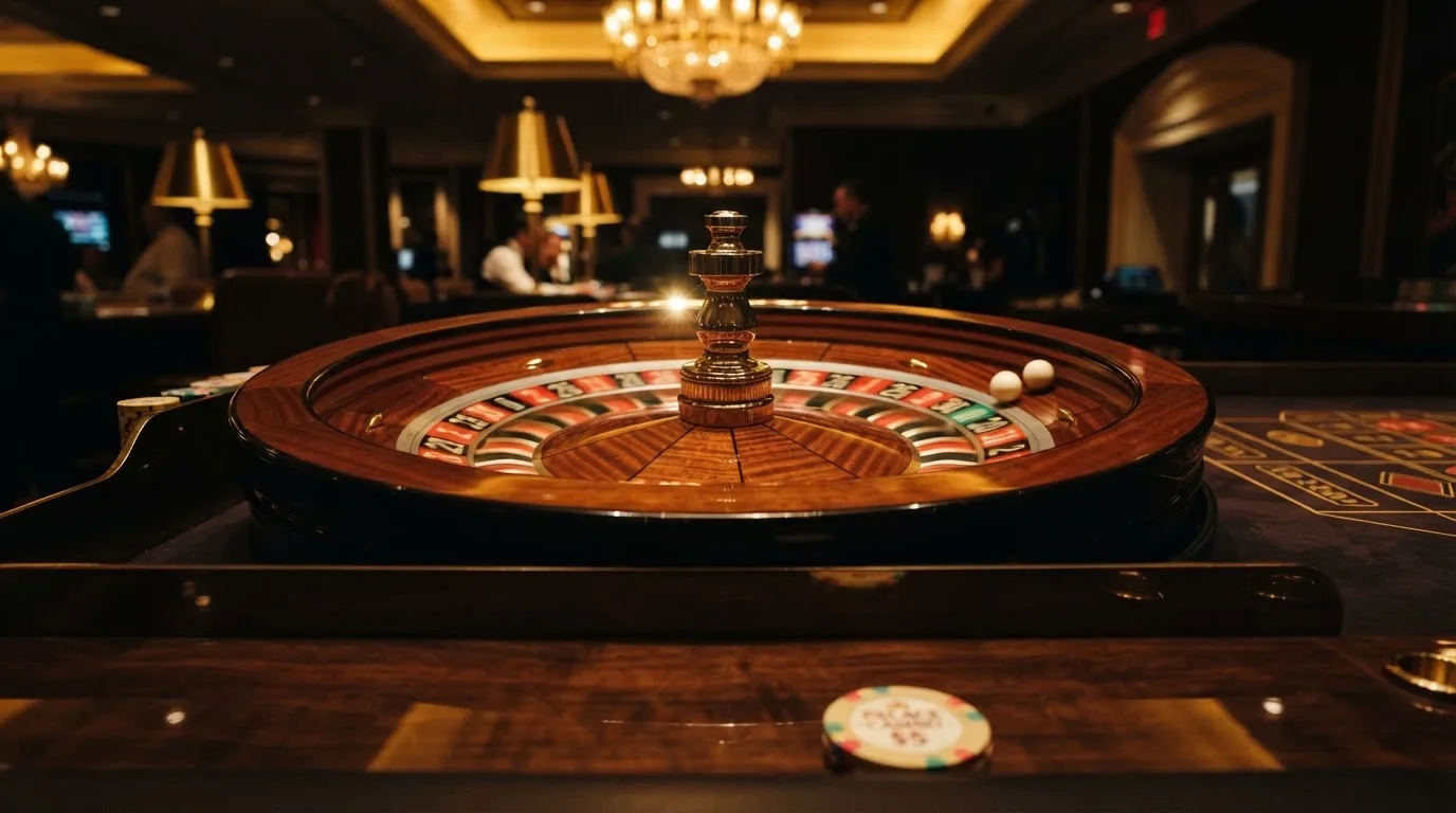 Ett roulettehjul snurrar på ett blankt träbord, den vita kulan glimmar i takljusets guld — svenska casinon på android