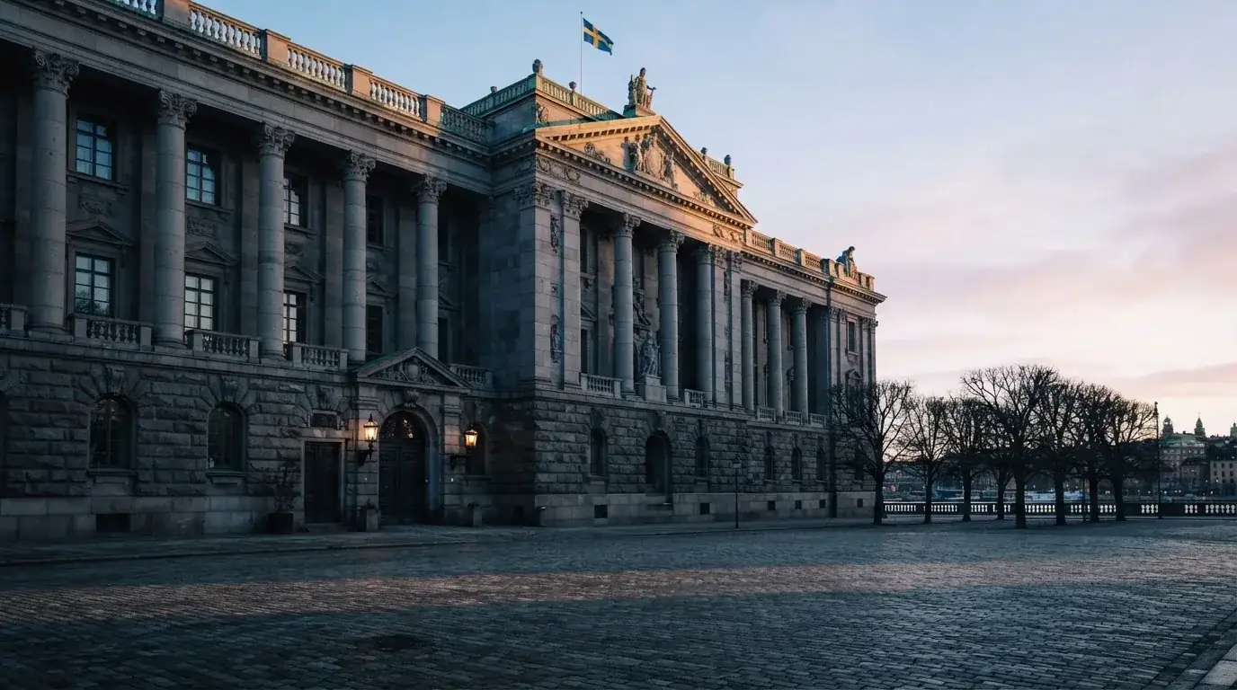Stenfasad på en statlig byggnad i Stockholm vid gryning, höga pelare och ett tomt torg framför — svenska casinon på android