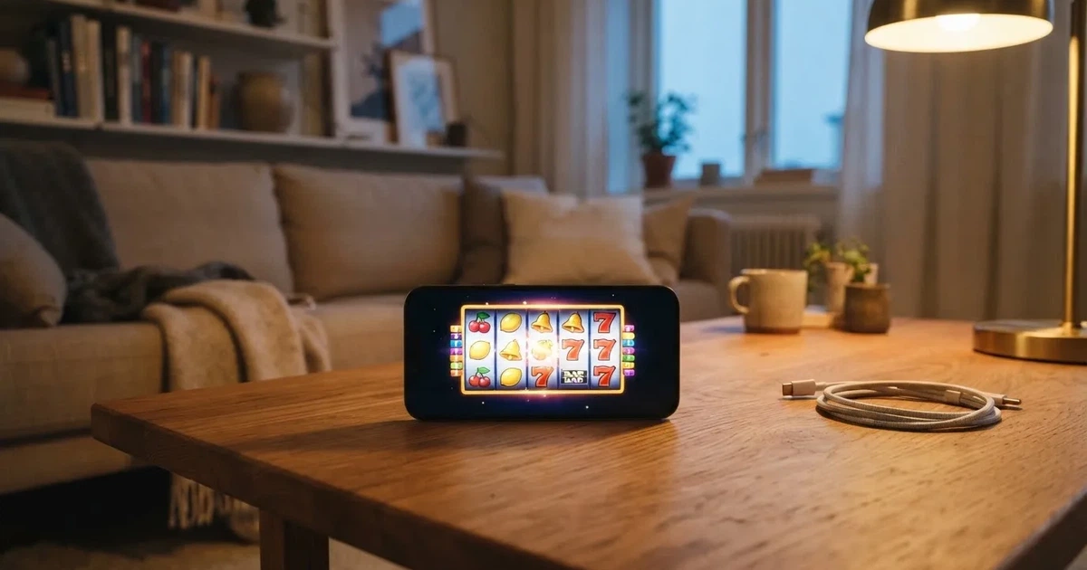 En smartphone ligger med baksidan upp på soffbordet, laddsladden ringlar och läslampan lyser mjukt — svenska casinon på ios